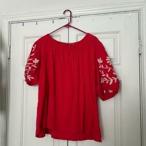 Chic Red Blouse with Floral Embroidery
